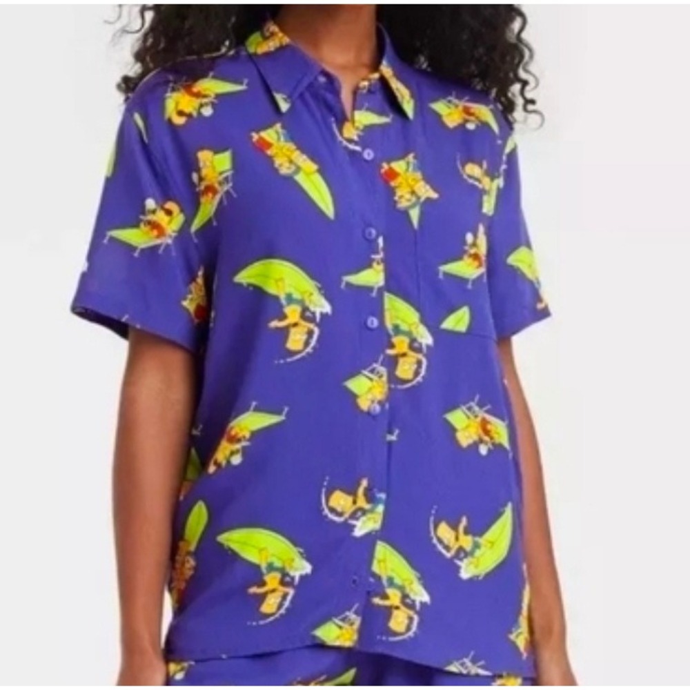 The Simpsons Mad Engine Bart‎ Milhouse Purple Rayon Button Down Shirt XS
